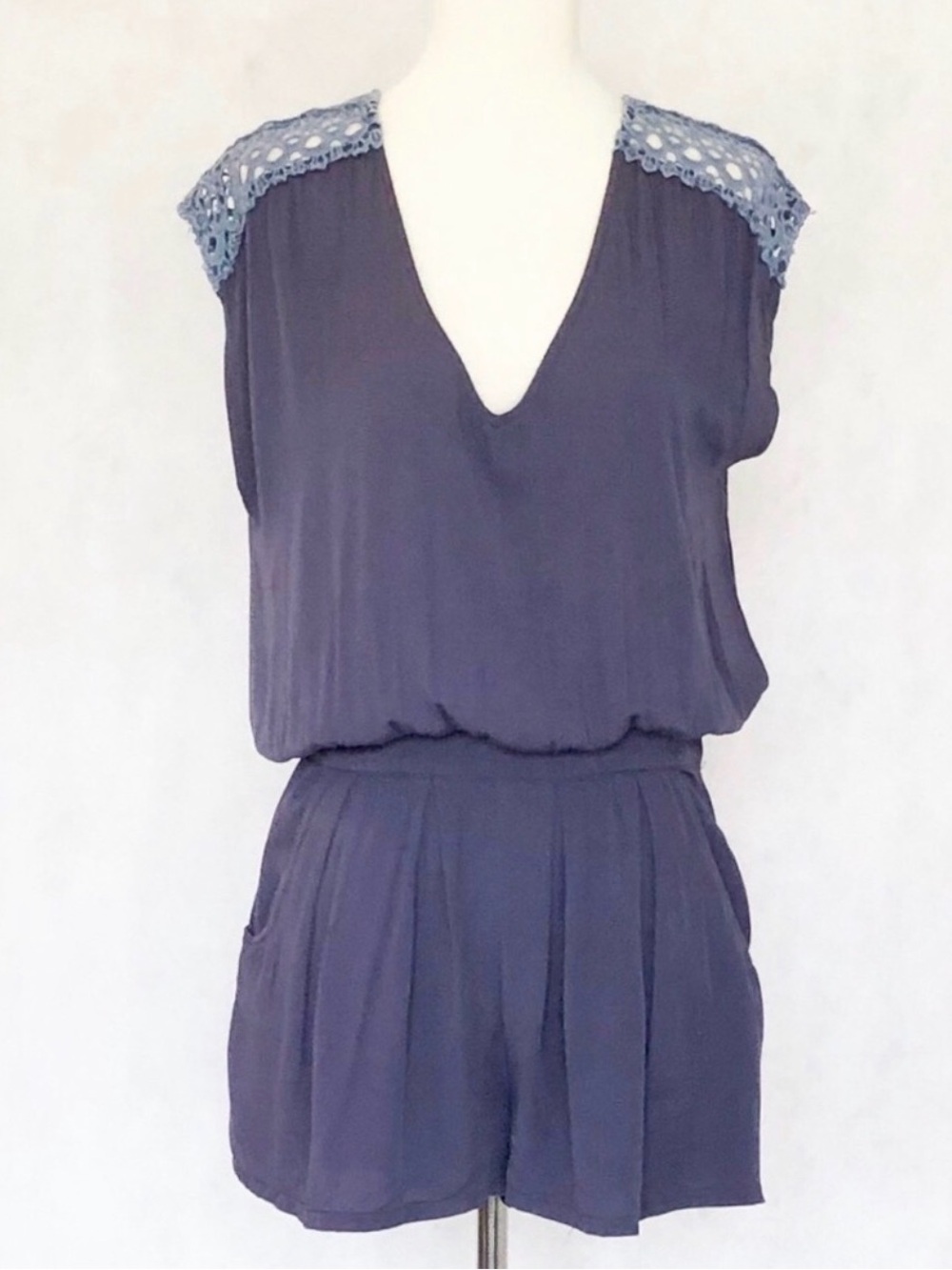Kimchi Blue Navy Blue Crochet-Shoulder Romper